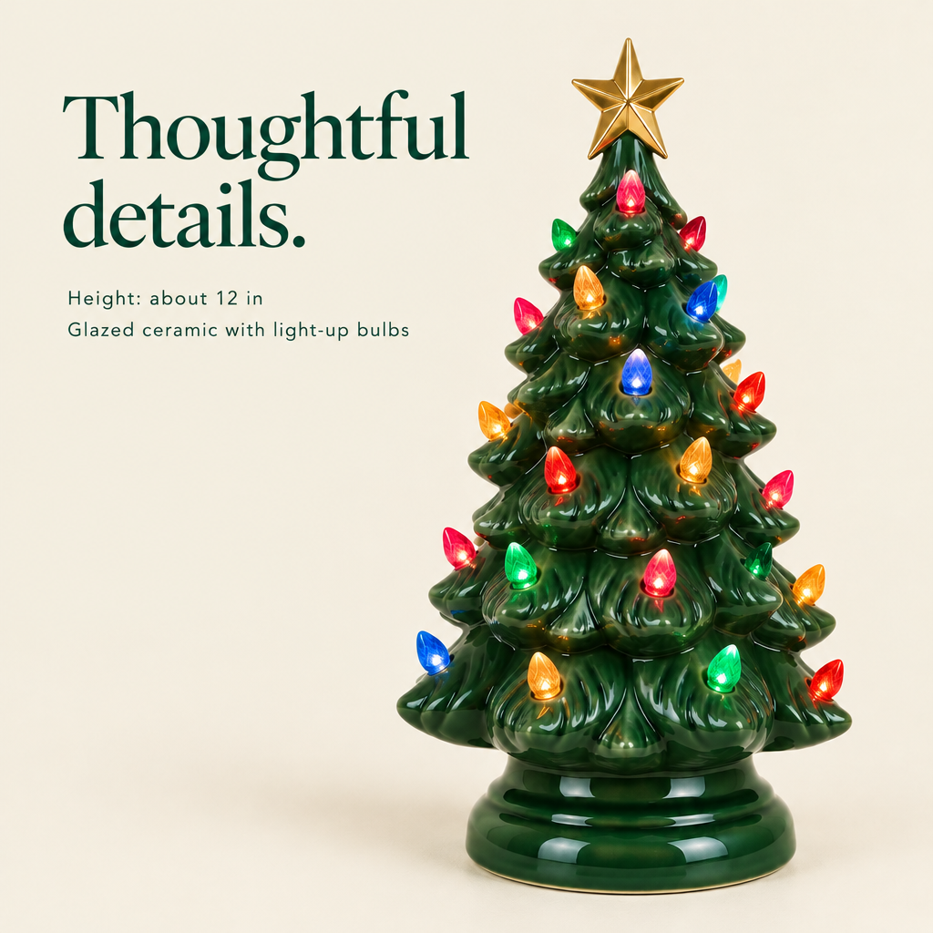 Vintage Light-Up Ceramic Christmas Tree – 12 in — details