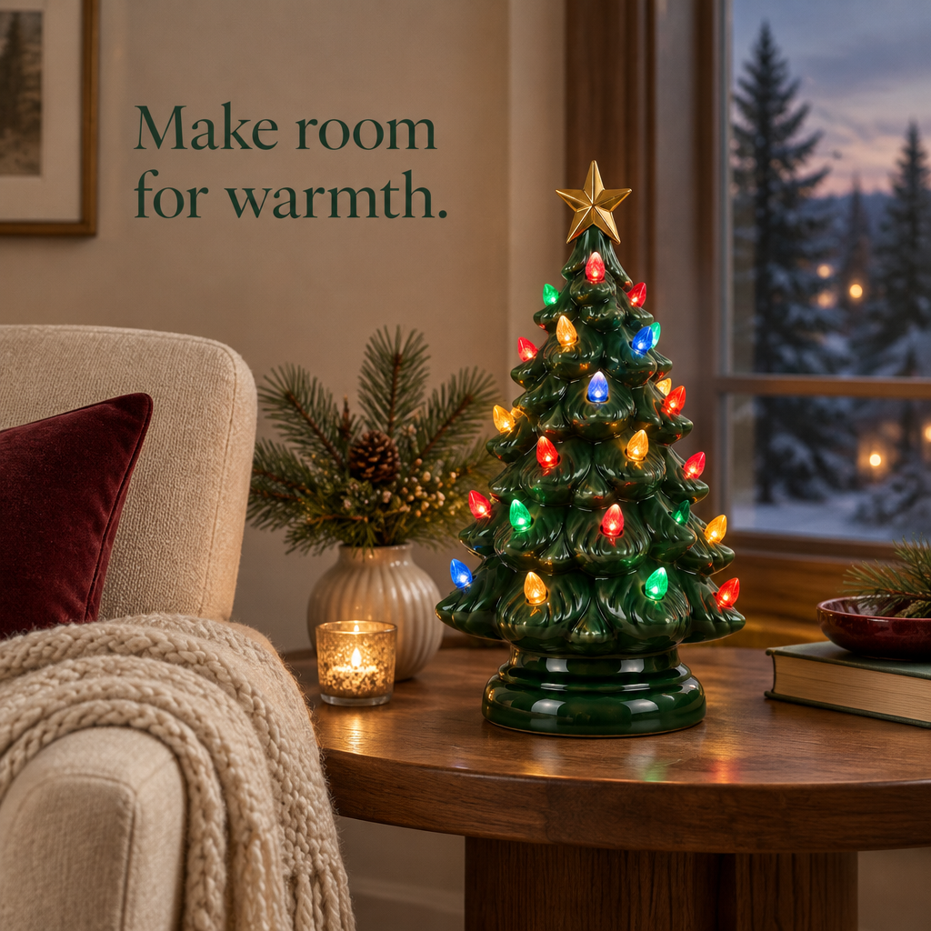 Vintage Light-Up Ceramic Christmas Tree – 12 in — in use