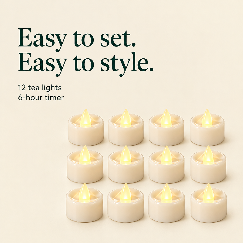 LED Tea Lights with 6-Hour Timer – 12 Pack — details