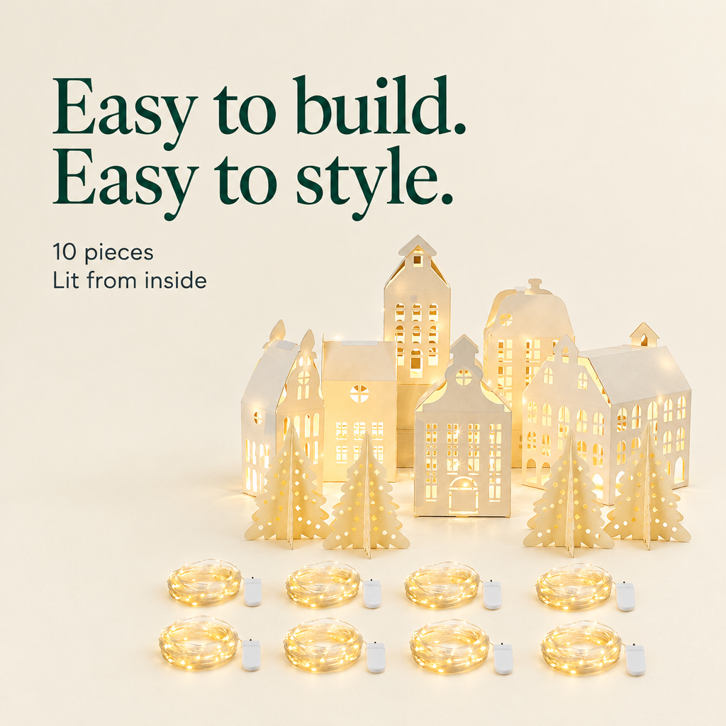 Light-Up Paper Christmas Village – 10 Pieces — details