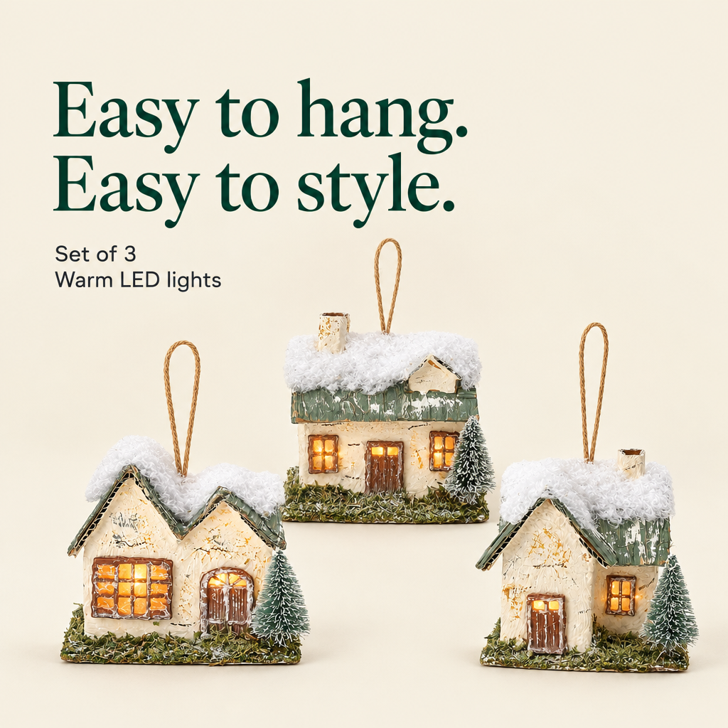 Light-Up Village House Ornaments – Set of 3 — details