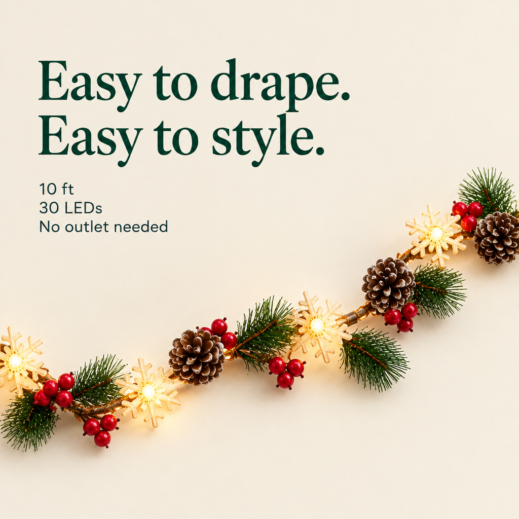 Lighted Pine Cone & Berry Garland – 10 ft, 30 LEDs — details
