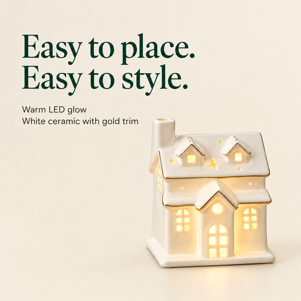 Lighted White Ceramic Village House with Gold Trim — details