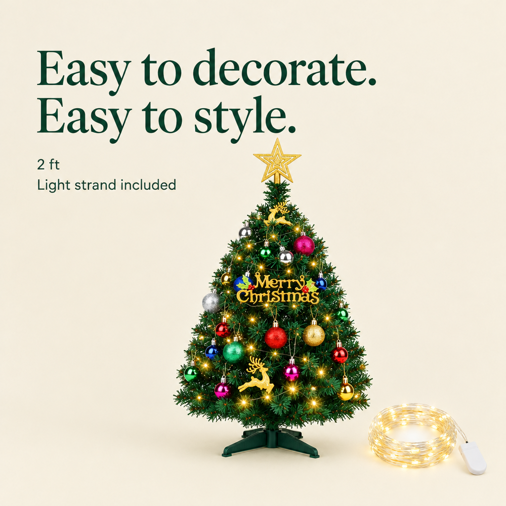 Mini Tabletop Christmas Tree with Lights – 2 ft — details