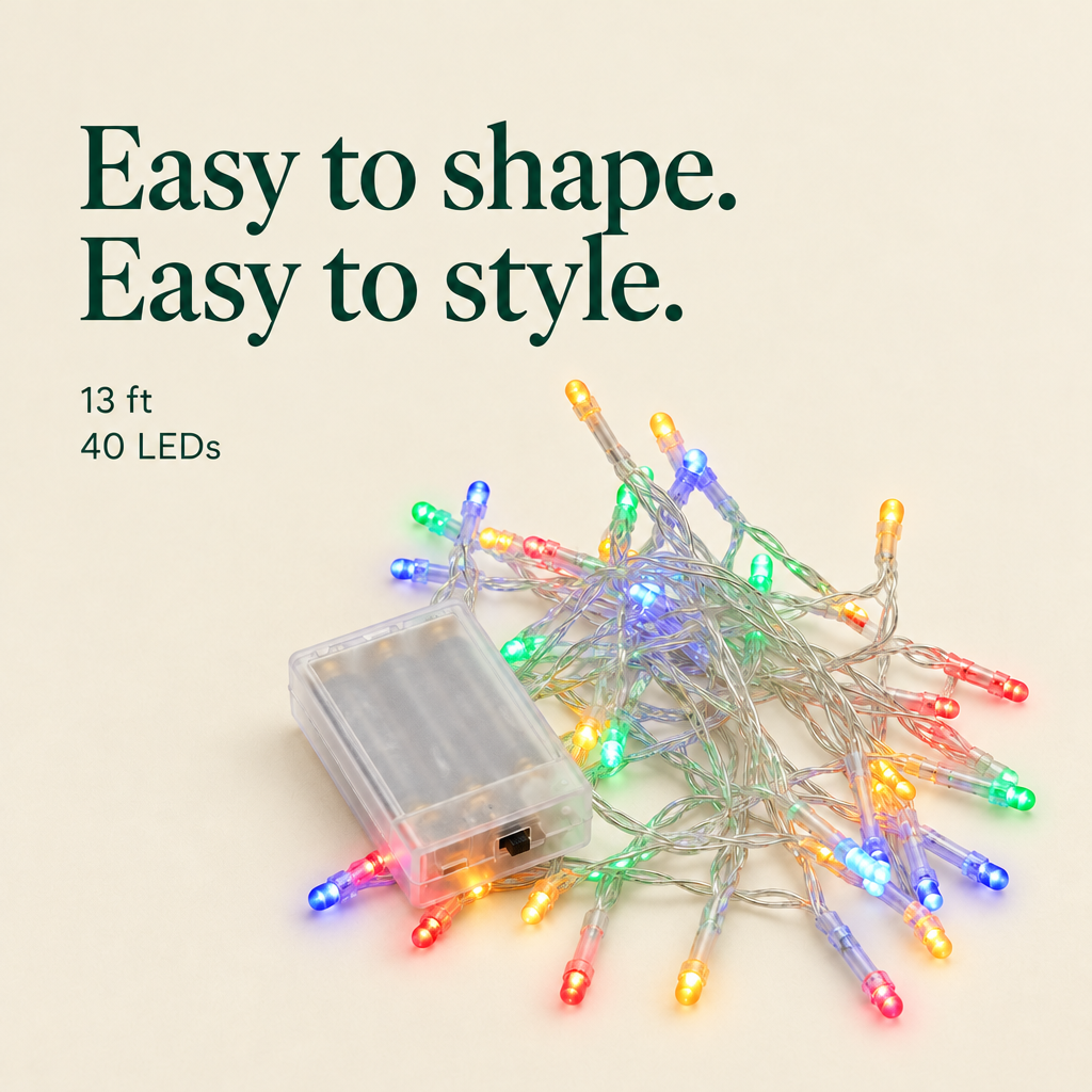 Multicolor Battery Christmas Lights – 13 ft, 40 LEDs — details
