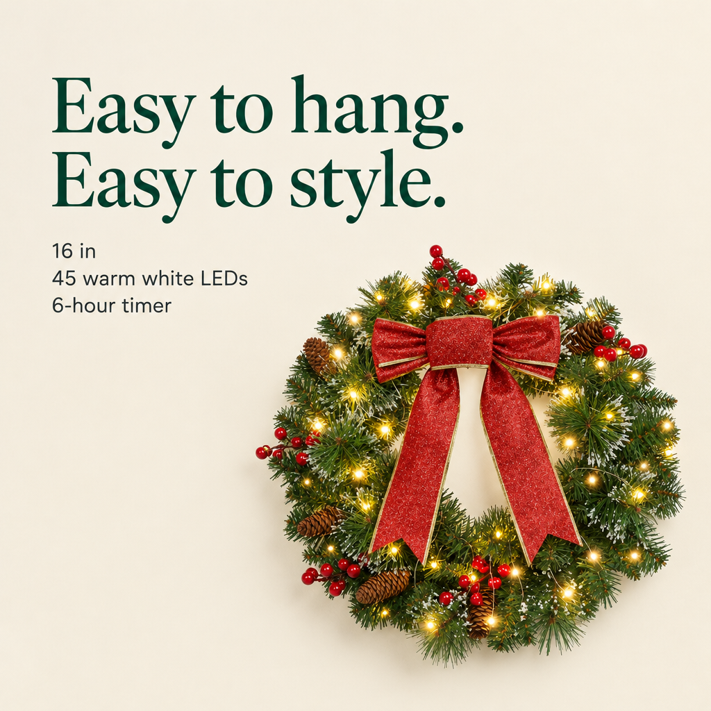 Pre-Lit Pine Cone & Berry Door Wreath – 16 in — details