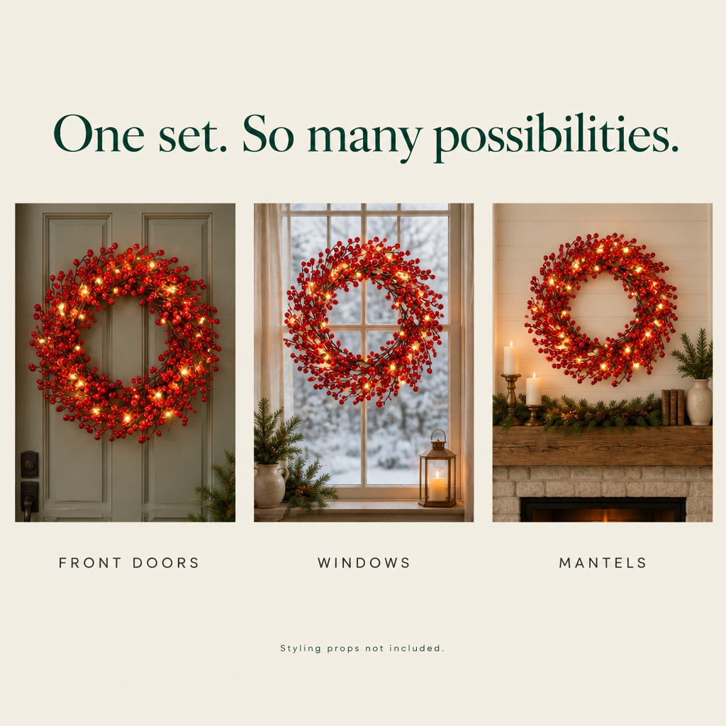 Pre-Lit Red Berry Wreath with Timer – 18 in — possibilities