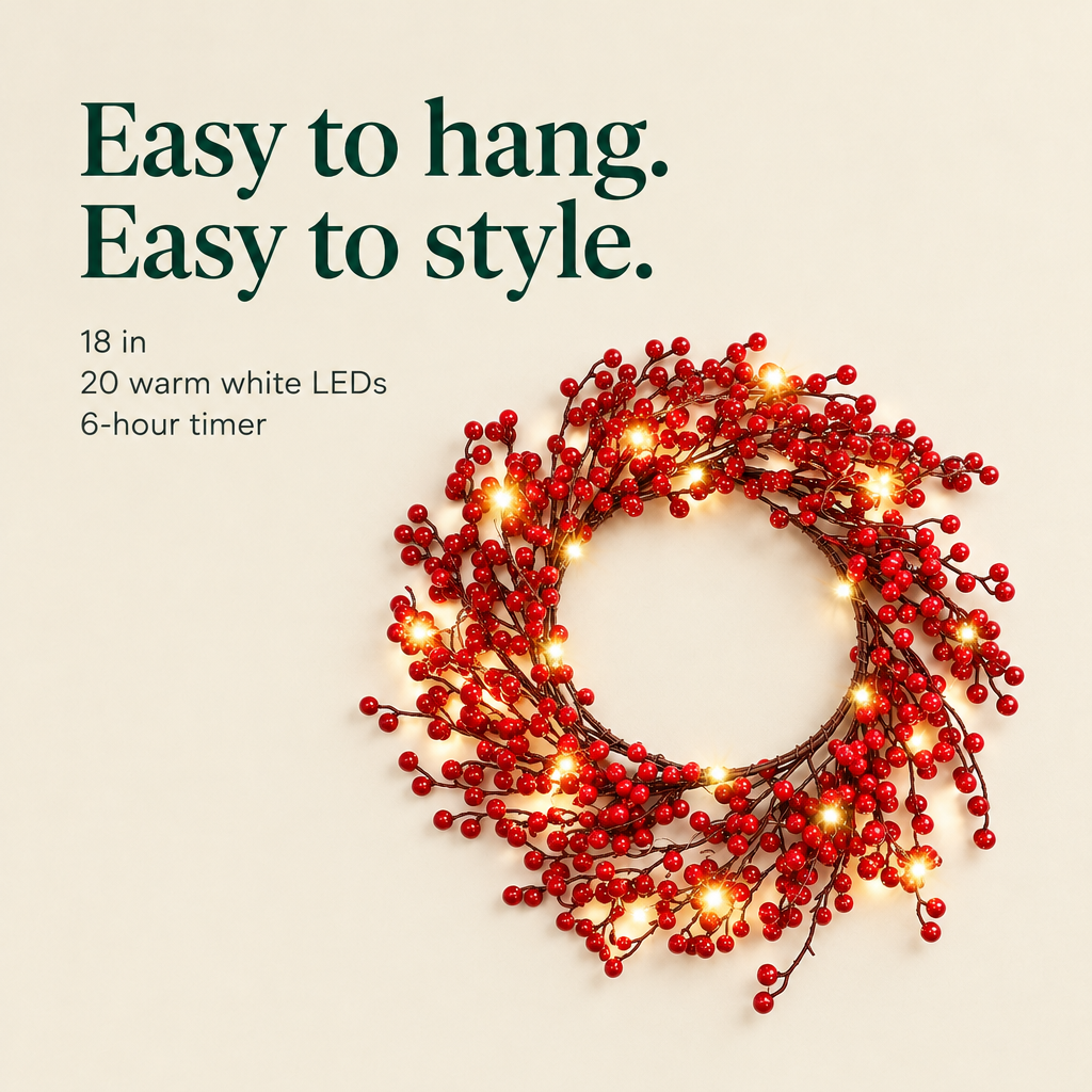 Pre-Lit Red Berry Wreath with Timer – 18 in — details