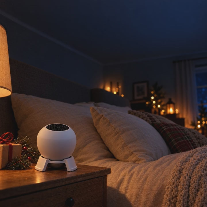 Christmas projector light switching on and filling the bedroom ceiling with a holiday scene