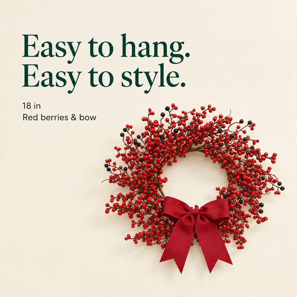 Red Berry Wreath with Bow – 18 in — details