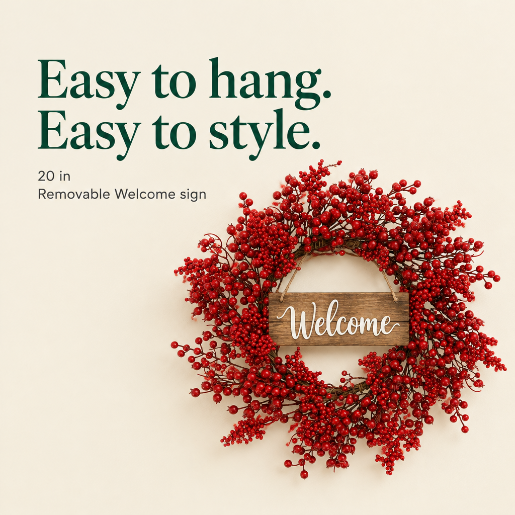 Red Berry Wreath with Welcome Sign – 20 in — details