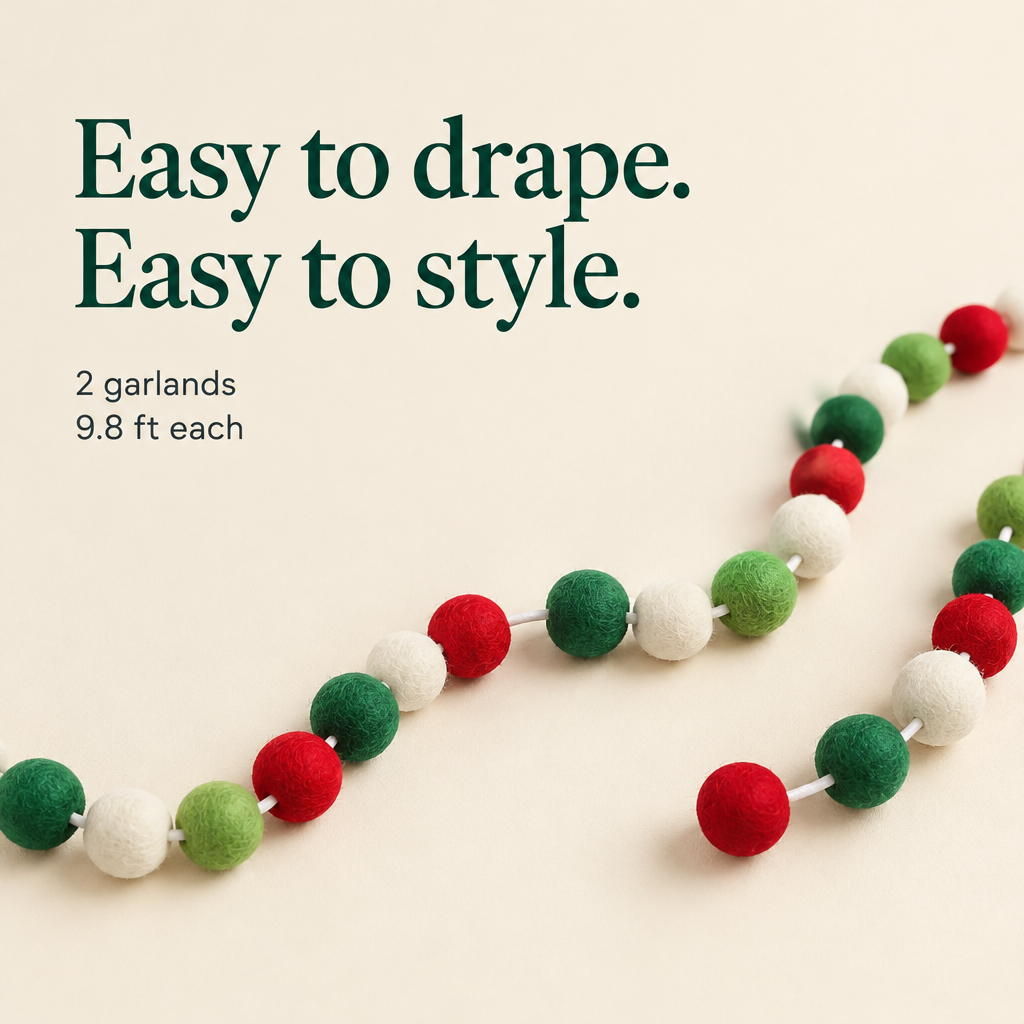 Red, Green & White Felt Ball Garland – 2 Pack, 9.8 ft — details