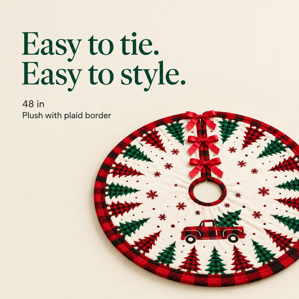 Red Truck & Plaid Trees Christmas Tree Skirt – 48 in — details