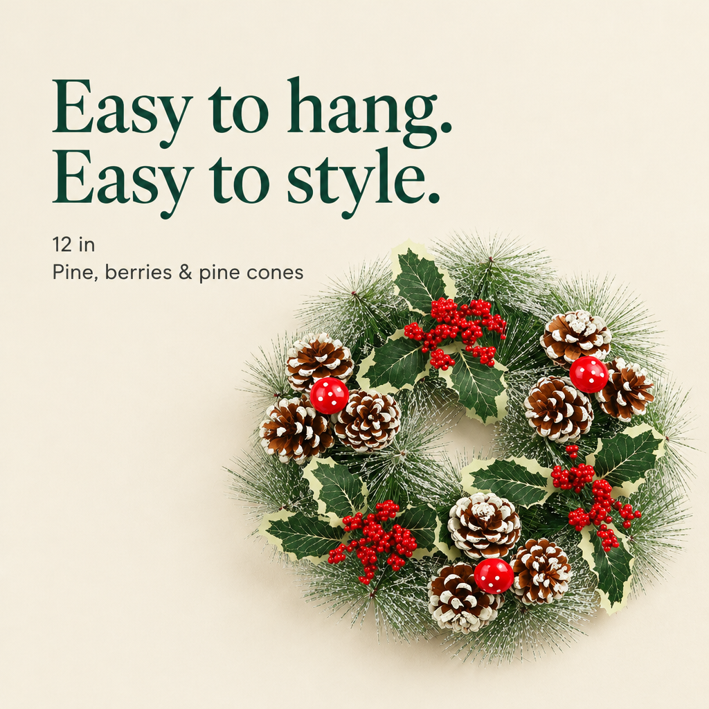 Rustic Pine, Berry & Pine Cone Wreath – 12 in — details