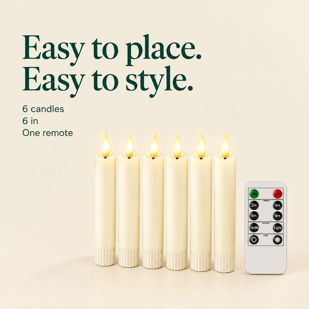 Short Real Wax LED Taper Candles with Remote – 6 Pack, 6 in — details