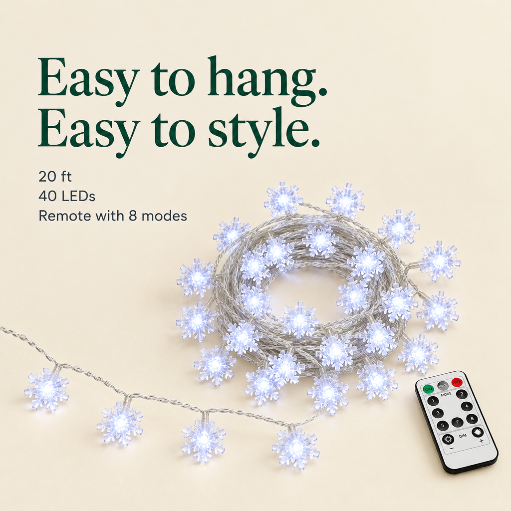 Snowflake String Lights with Remote – 20 ft, 40 LEDs — details