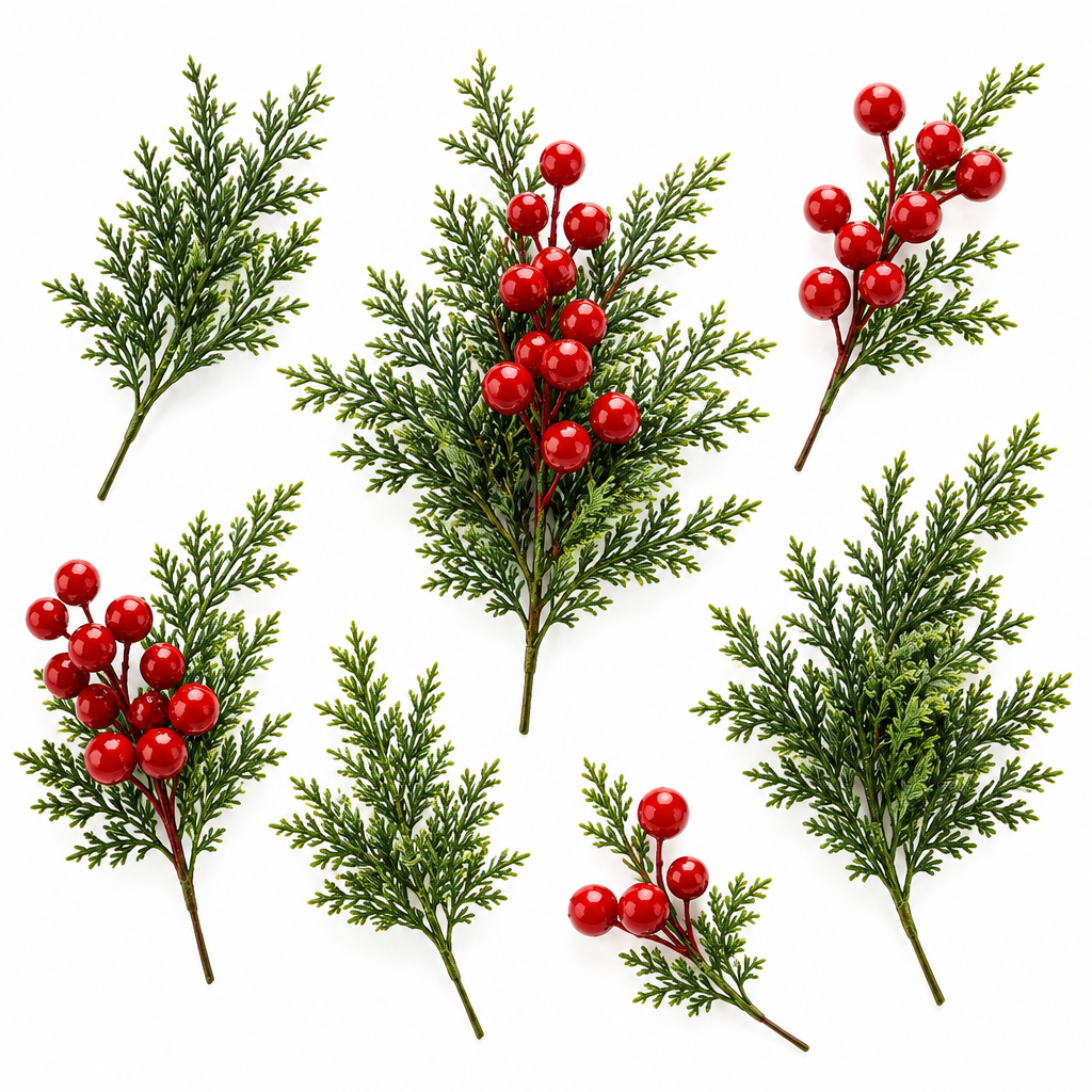 Artificial Christmas Greenery & Red Berry Stems – 45 Piece Set