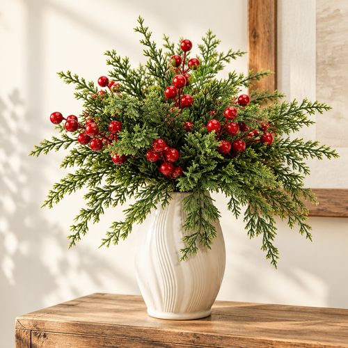 Artificial Christmas Greenery & Red Berry Stems – 45 Piece Set