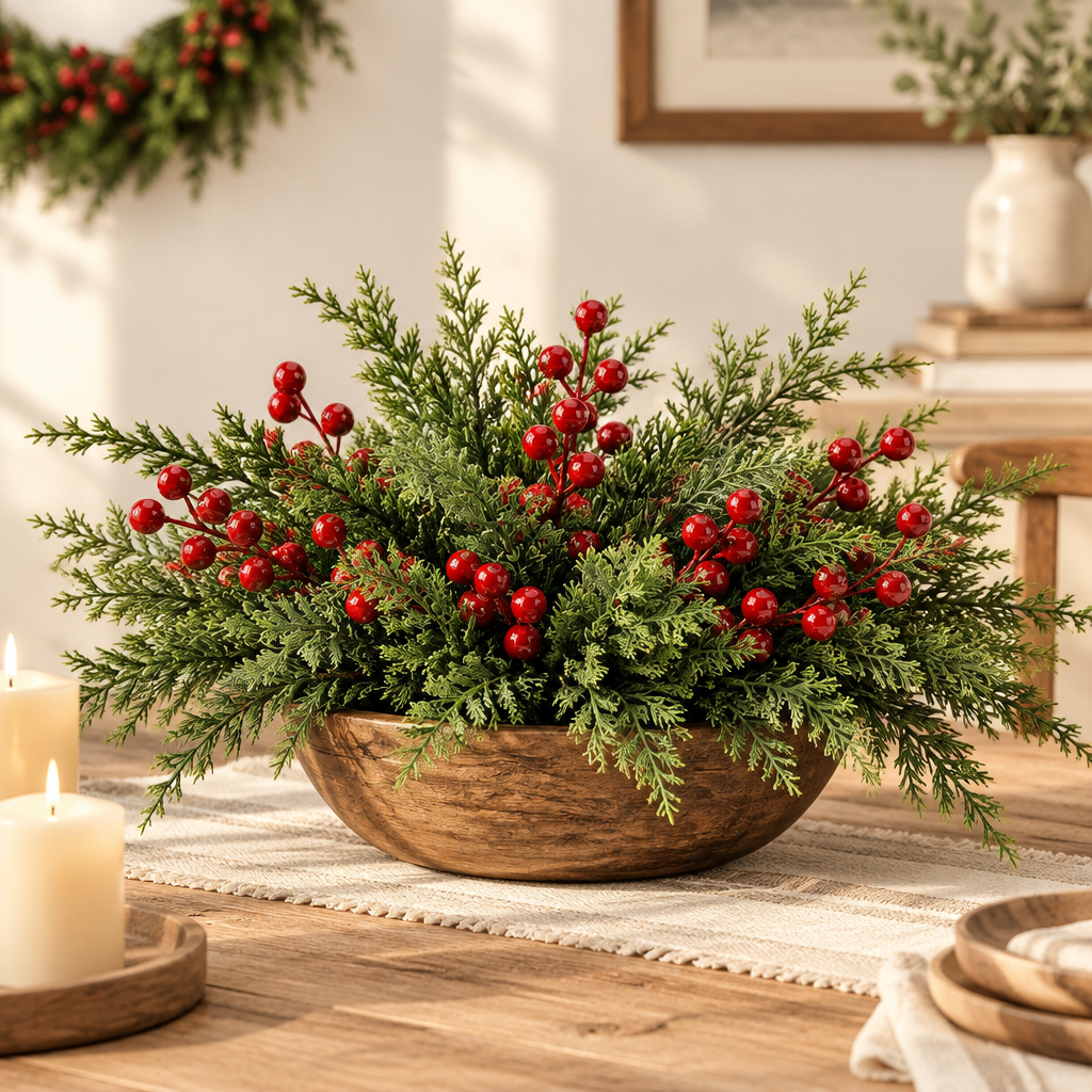 Artificial Christmas Greenery & Red Berry Stems – 45 Piece Set