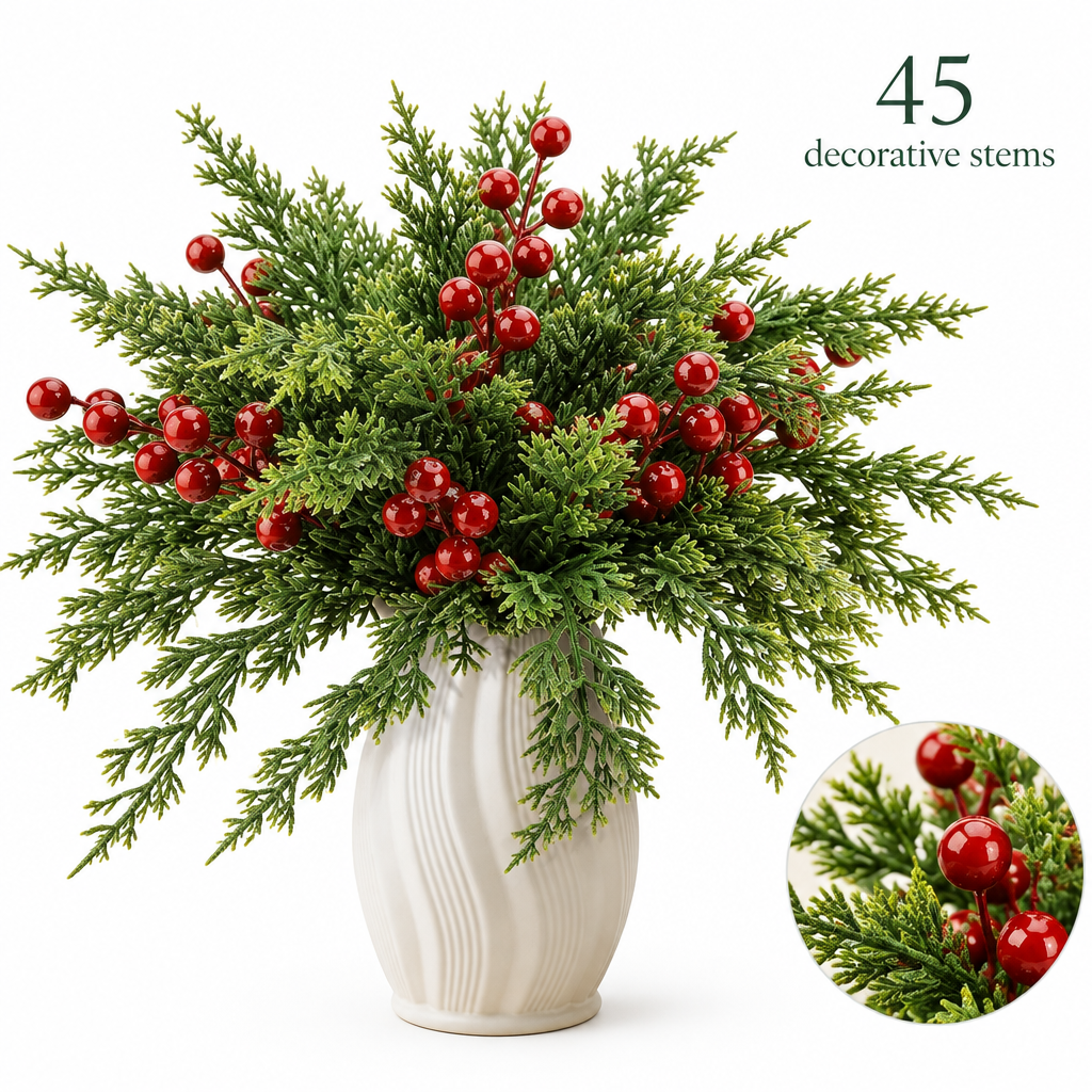 Artificial Christmas Greenery & Red Berry Stems – 45 Piece Set