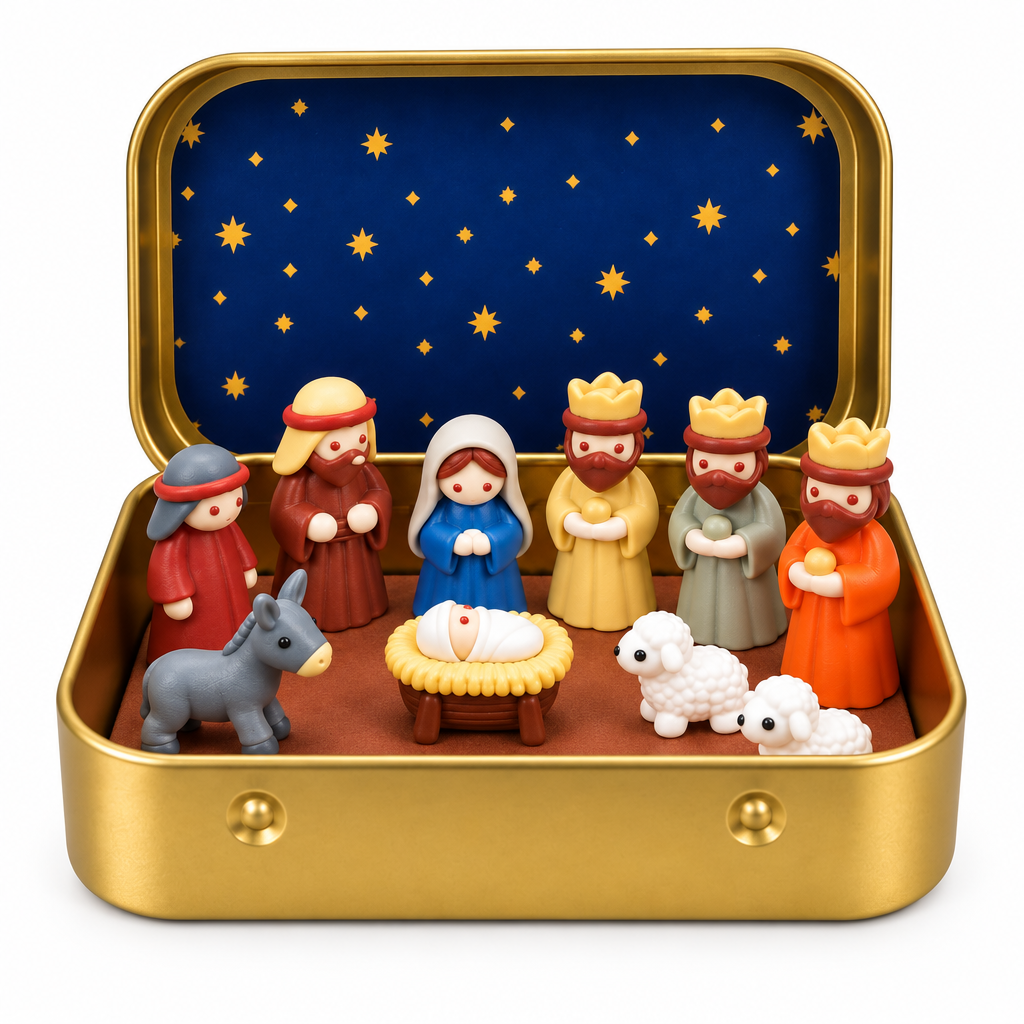 Mini Christmas Nativity Scene in Gold Tin