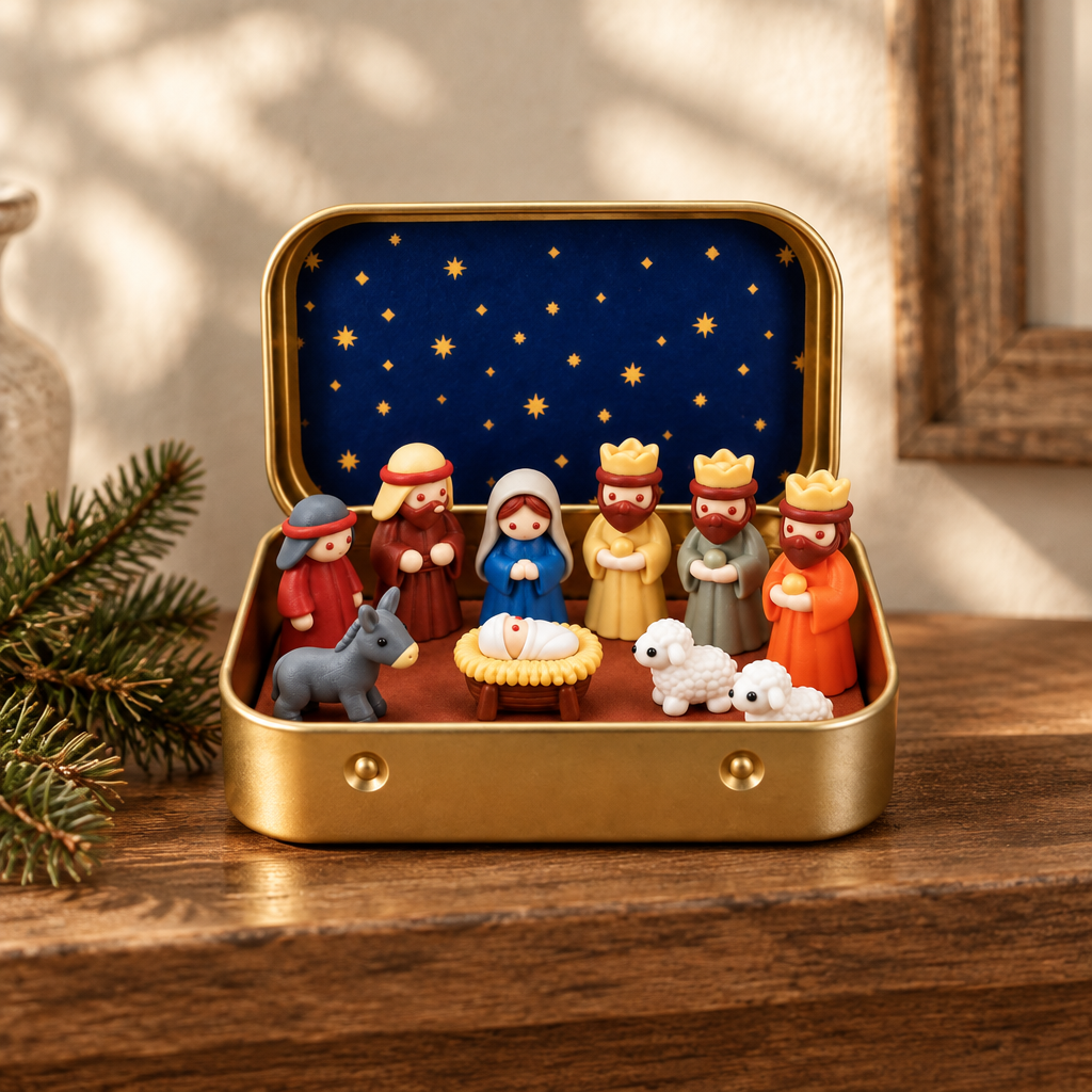 Mini Christmas Nativity Scene in Gold Tin