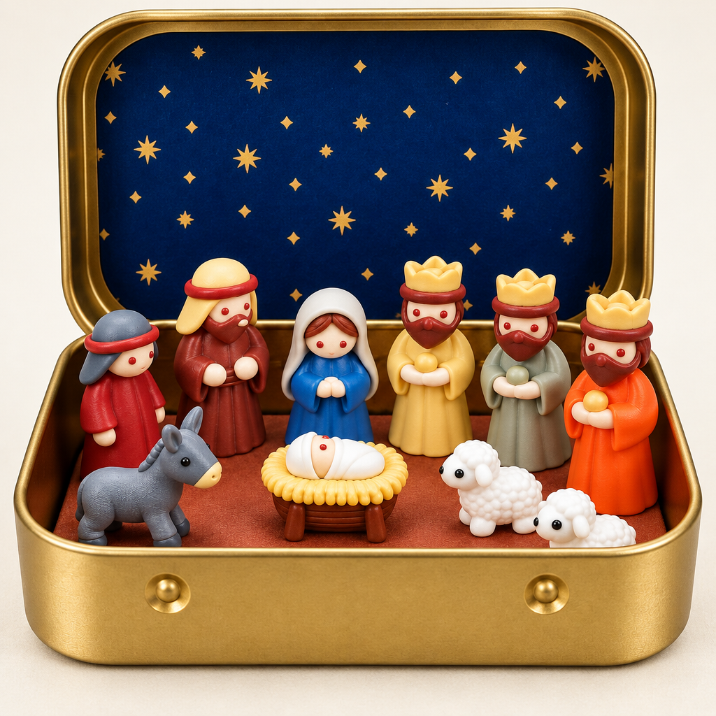 Mini Christmas Nativity Scene in Gold Tin