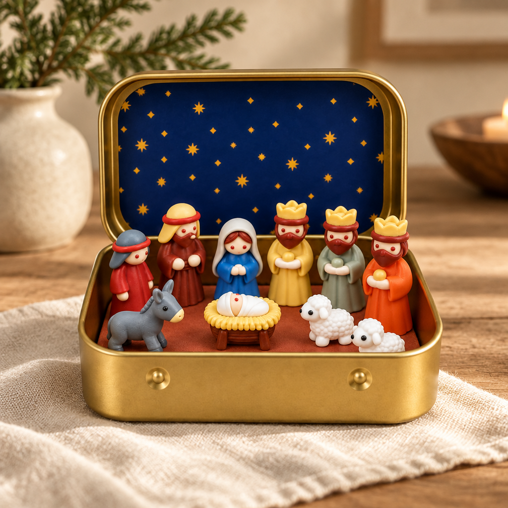 Mini Christmas Nativity Scene in Gold Tin