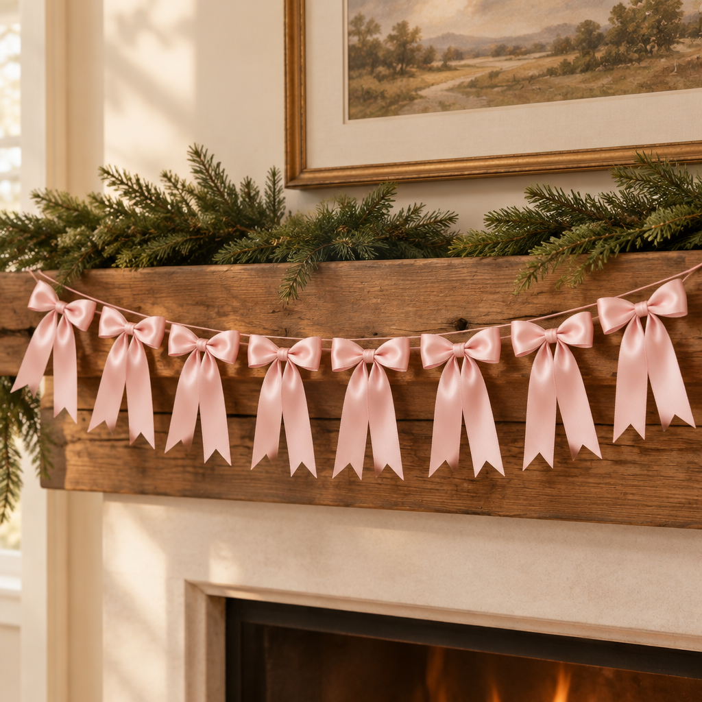Pink Satin Bow Garland – 6.7 ft, 8 Bows