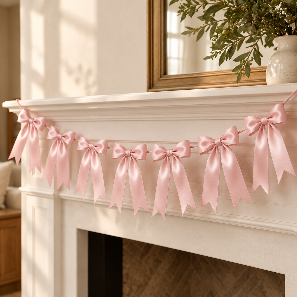 Pink Satin Bow Garland – 6.7 ft, 8 Bows