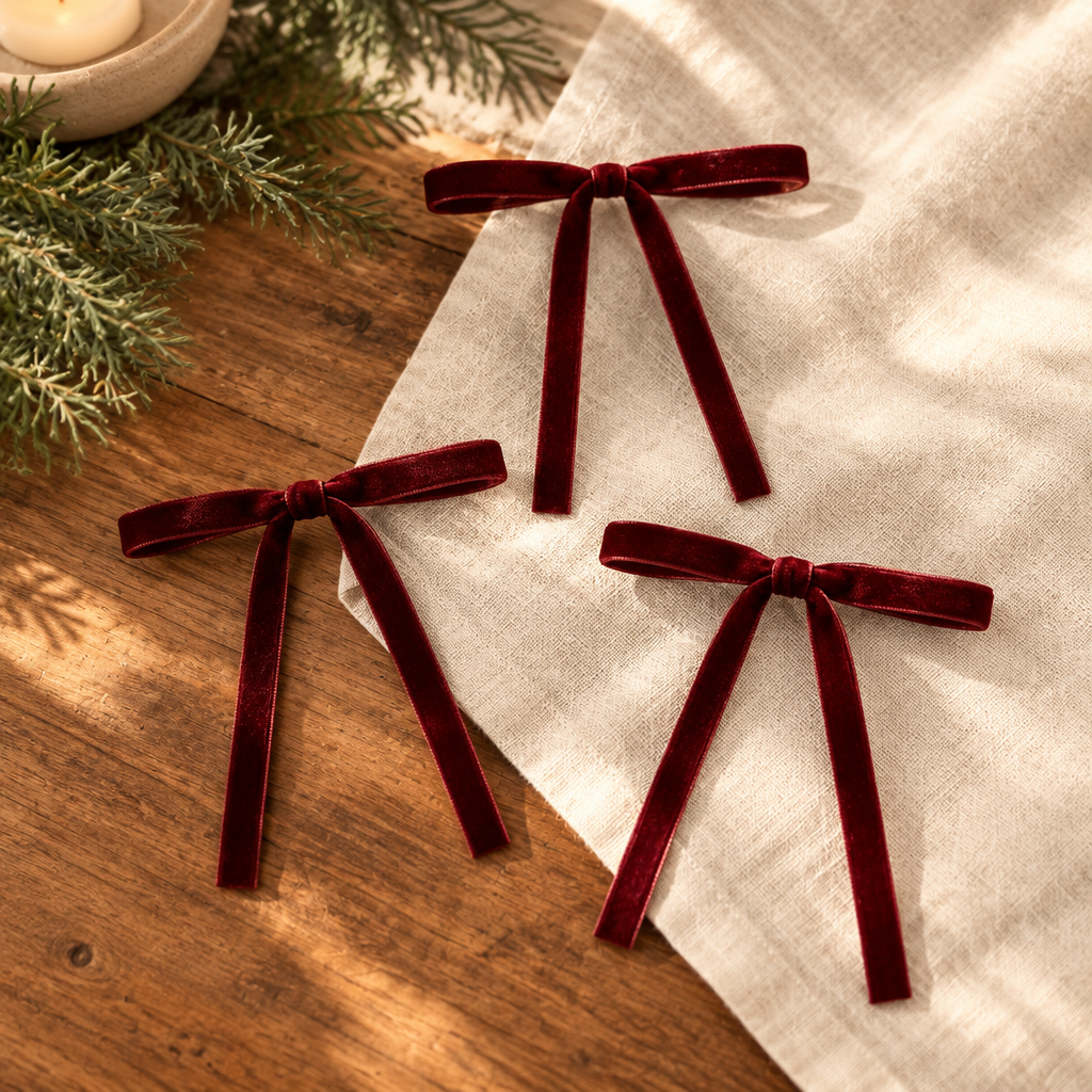 Burgundy Slim Velvet Christmas Bows – 24 Pack