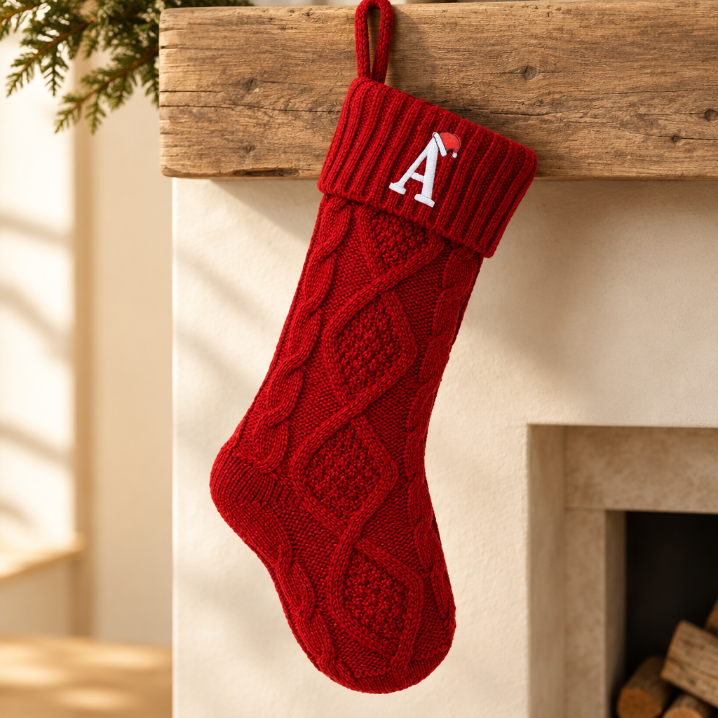 Red Knit Christmas Stocking with Initial A – 18 in