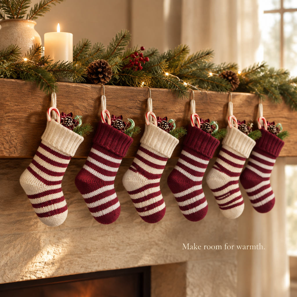 Mini Knit Stockings – 6 Pack, 9 in, Burgundy & Cream — in use