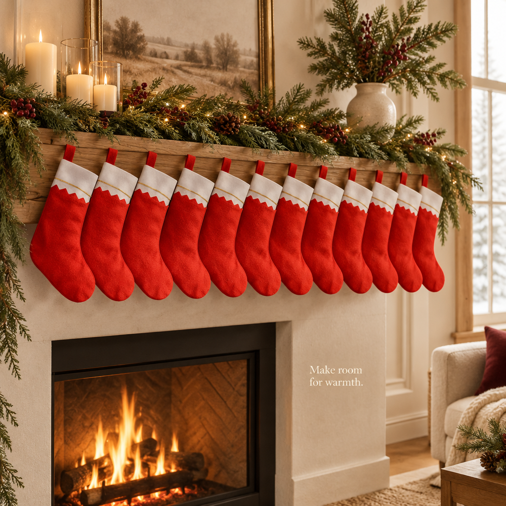Red Felt Christmas Stockings – 12 Pack, 15 in — in use