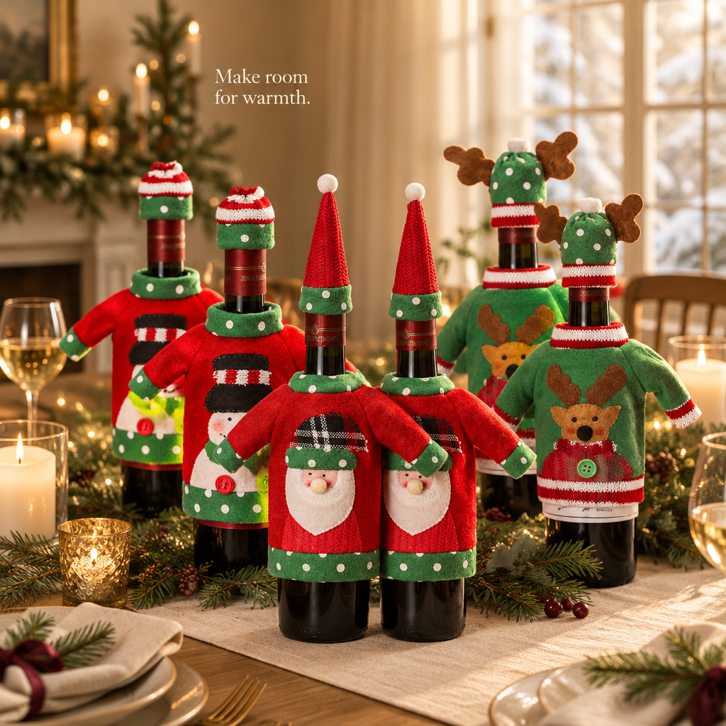 Santa, Snowman & Reindeer Bottle Covers – 6 Sets — in use