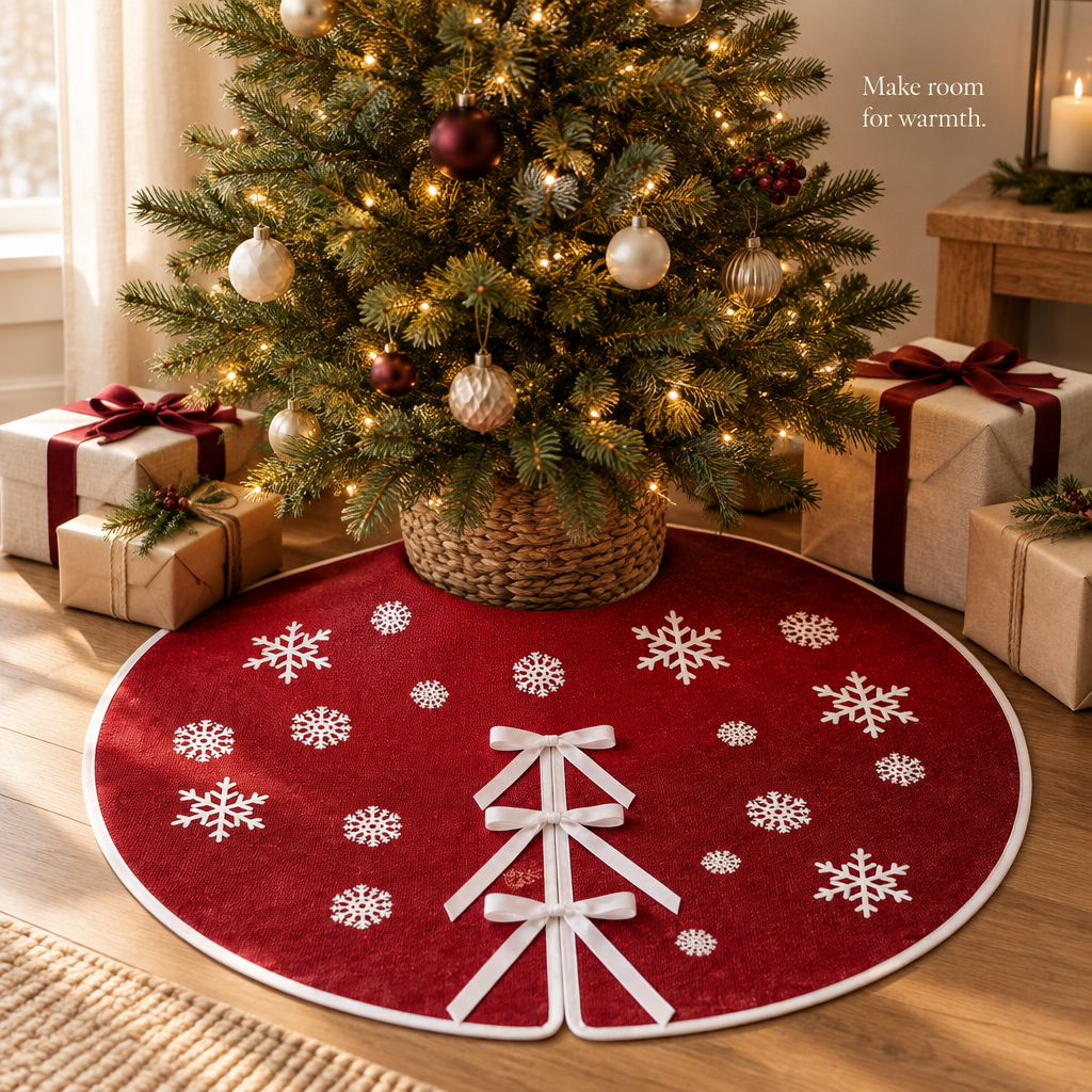 Red Burlap Snowflake Tree Skirt – 30 in — in use