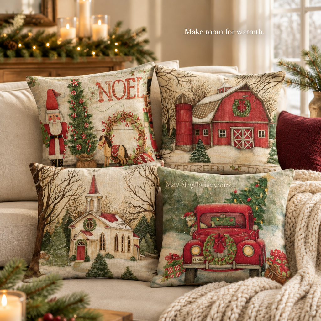 Christmas Linen Pillow Covers – Set of 4, 18 × 18 in — in use