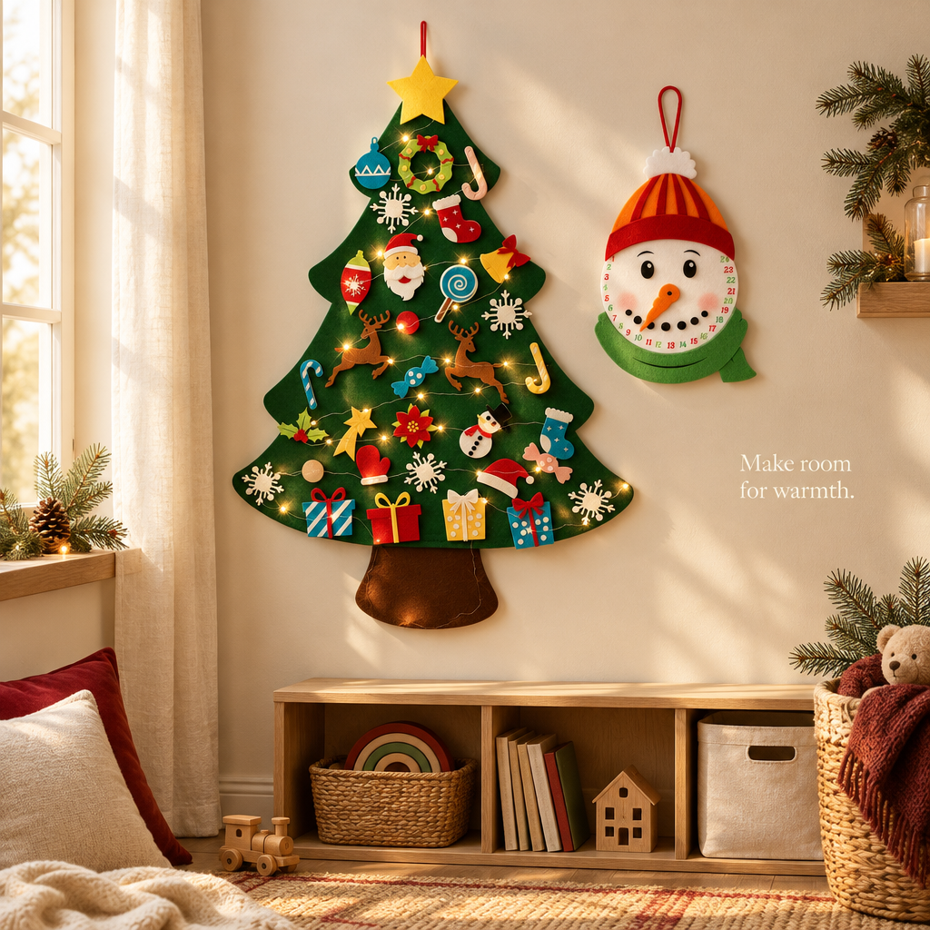 Felt Christmas Tree with 33 Ornaments & Snowman Advent Calendar — in use