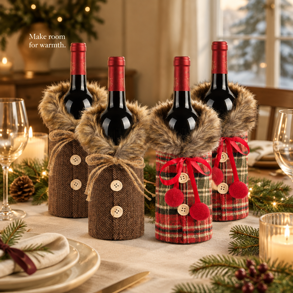Plaid Christmas Bottle Coat Covers – 4 Pack — in use