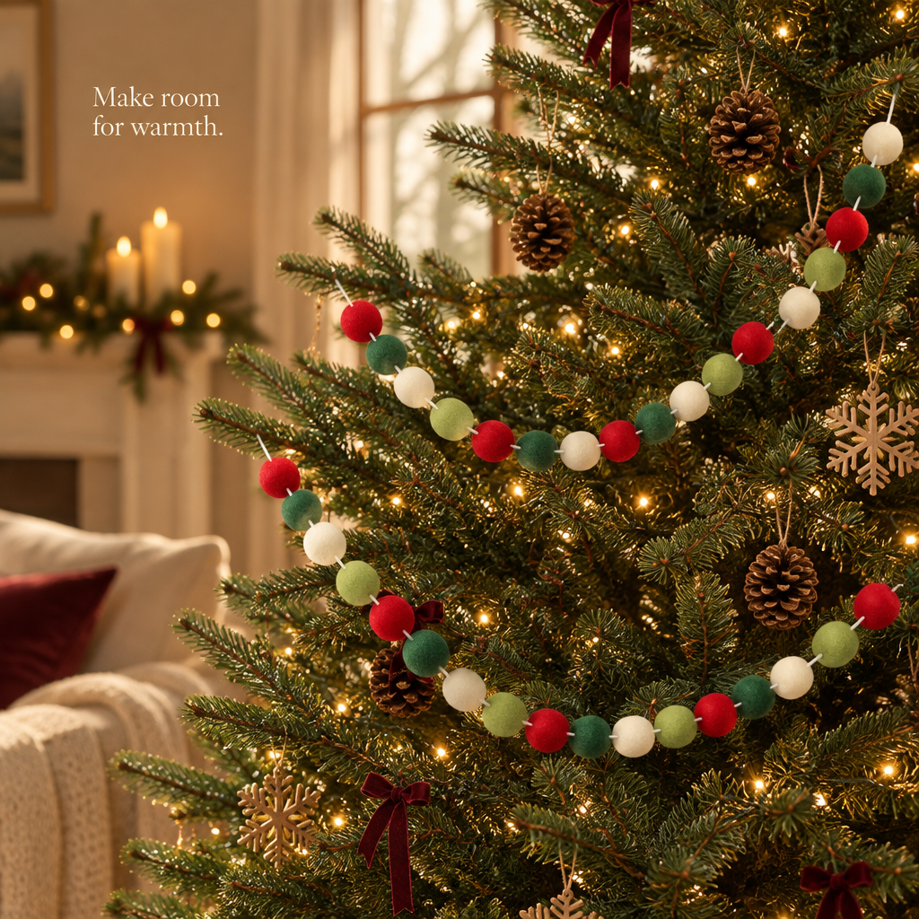 Red, Green & White Felt Ball Garland – 2 Pack, 9.8 ft — in use