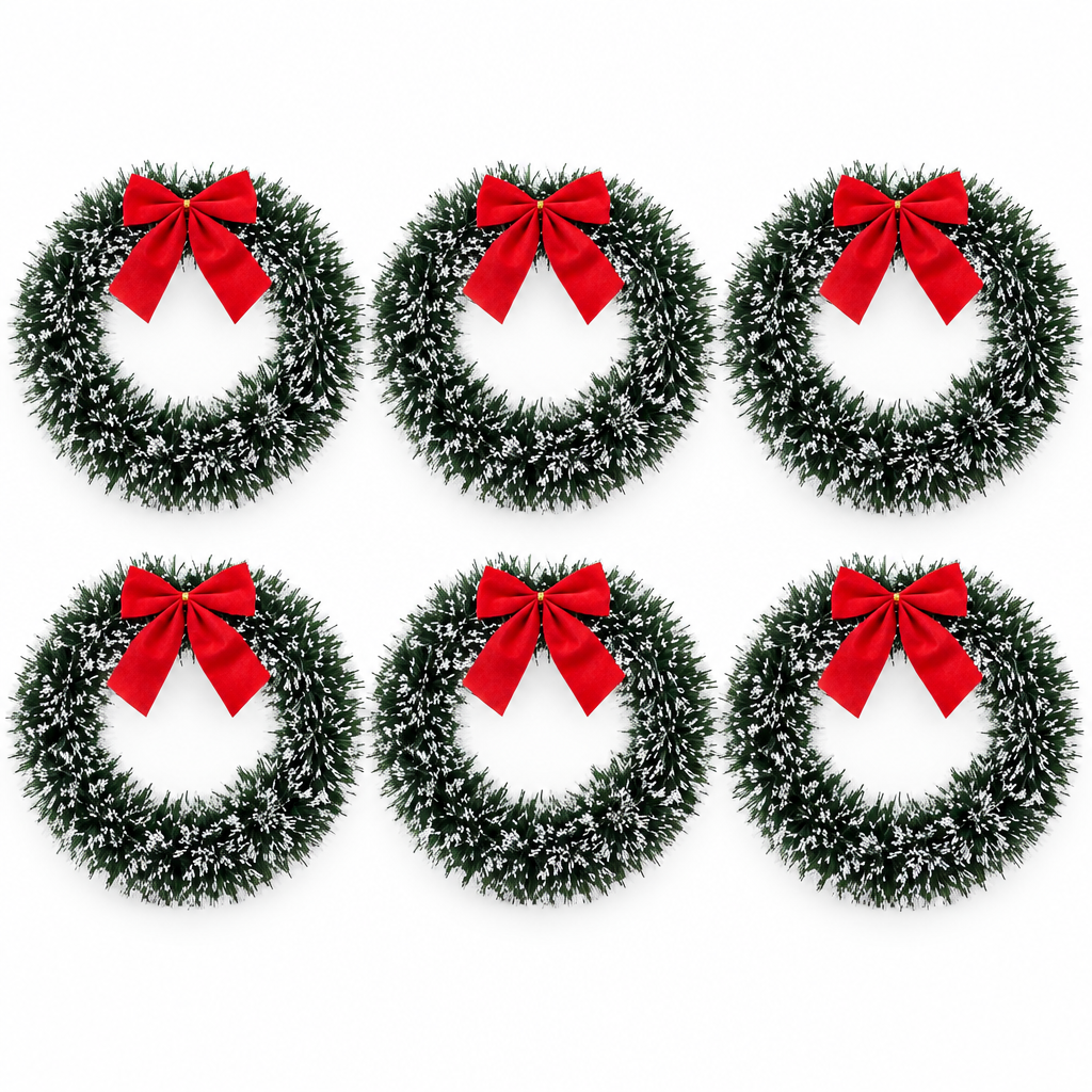 Snowy Tinsel Wreaths with Red Bows – 6 Pack, 13 in — product