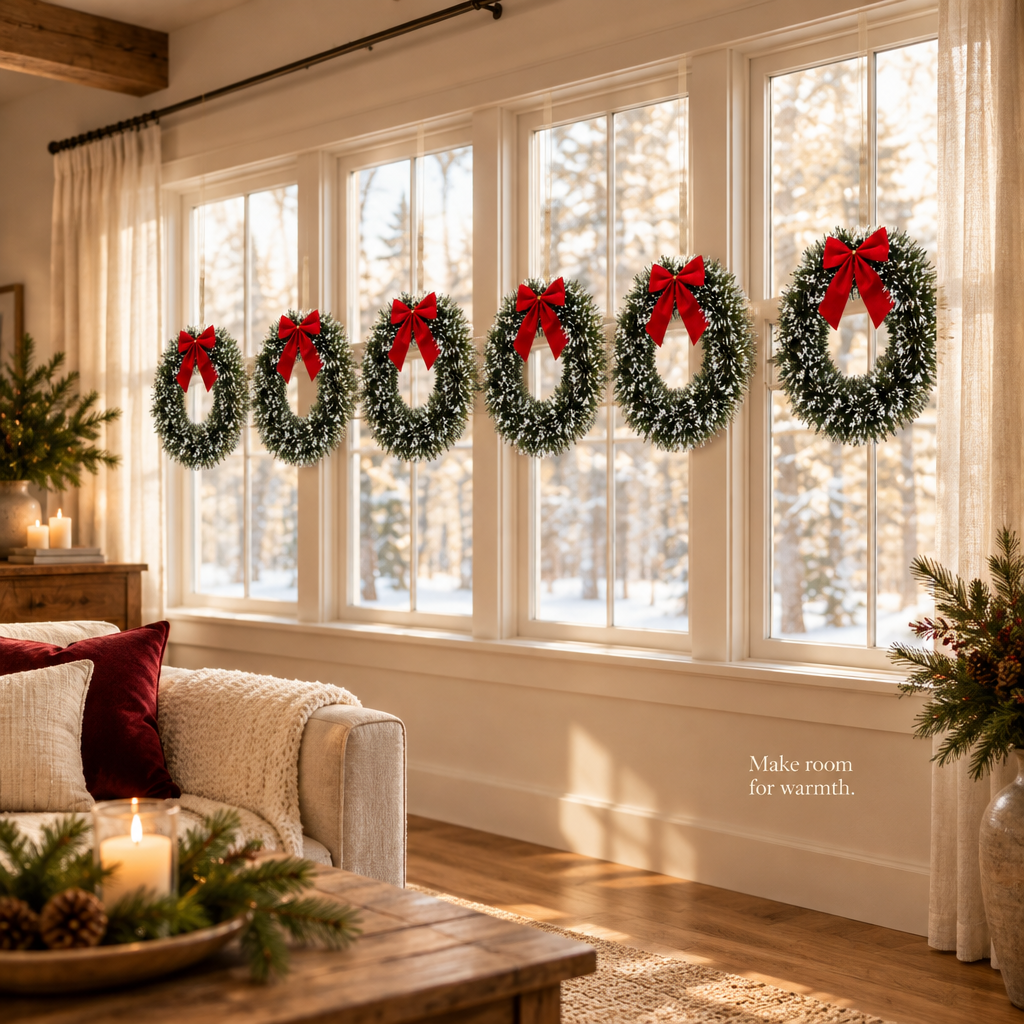 Snowy Tinsel Wreaths with Red Bows – 6 Pack, 13 in — in use