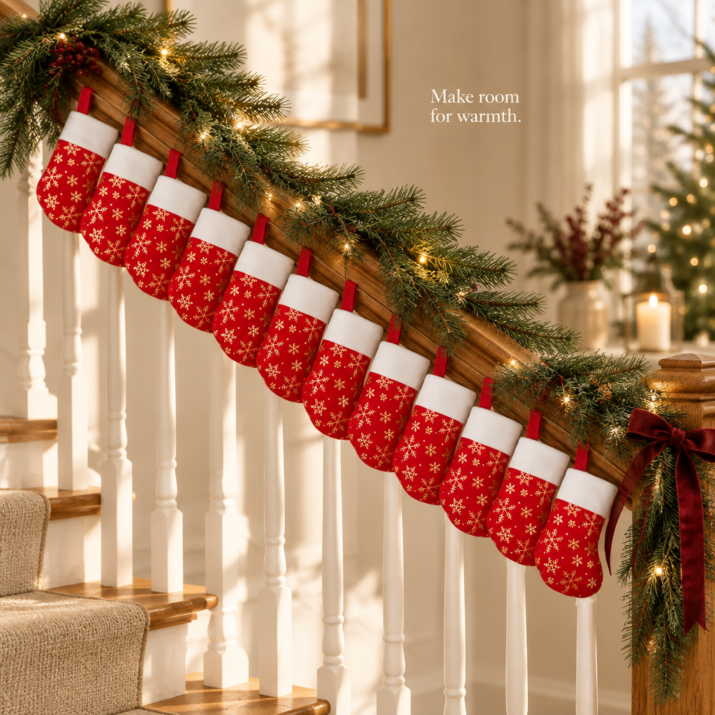 Red Snowflake Mini Stockings – 12 Pack, 8 in — in use