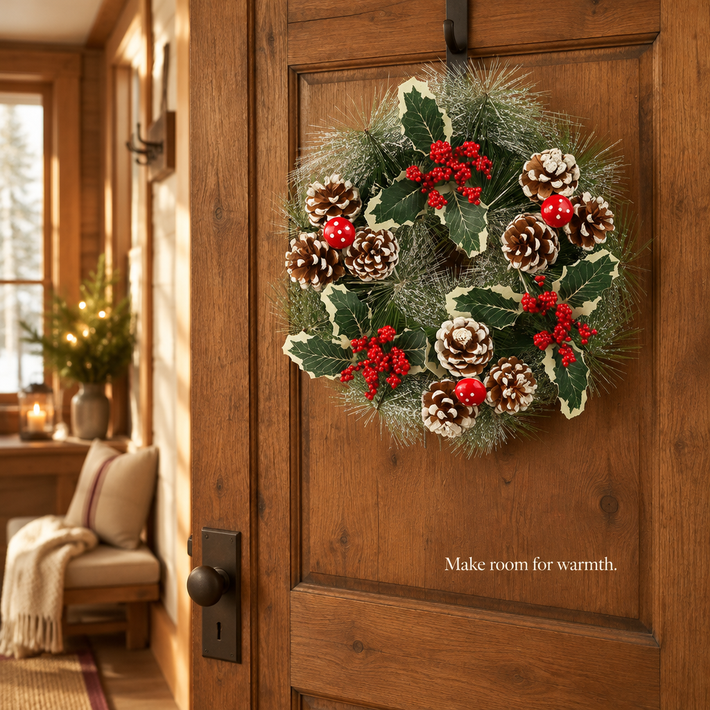 Rustic Pine, Berry & Pine Cone Wreath – 12 in — in use
