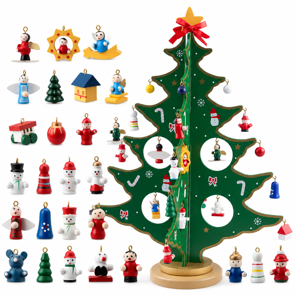 Wooden Tree Advent Calendar with 28 Ornaments — product