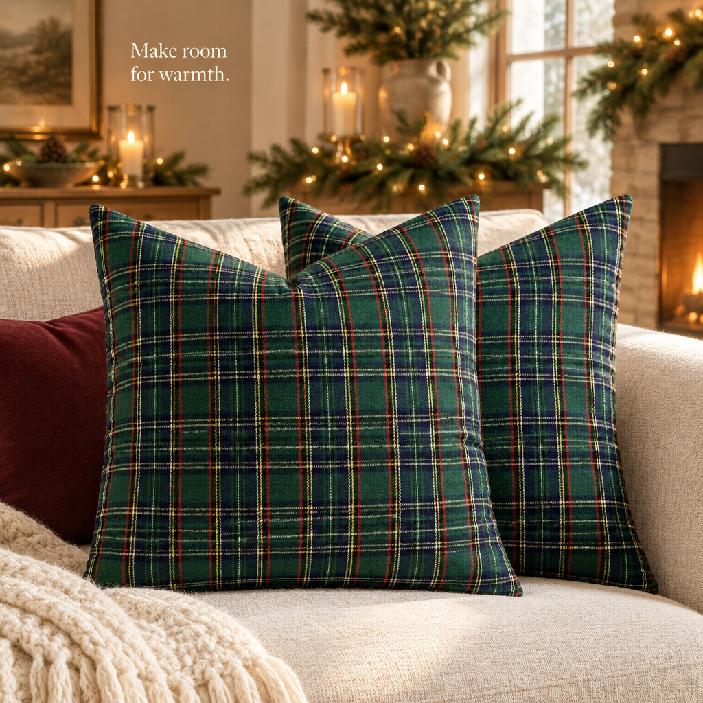 Green Tartan Christmas Pillow Covers – 2 Pack — in use