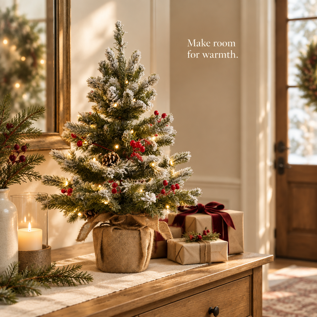 Pre-Lit Snowy Mini Christmas Tree – 2 ft — in use