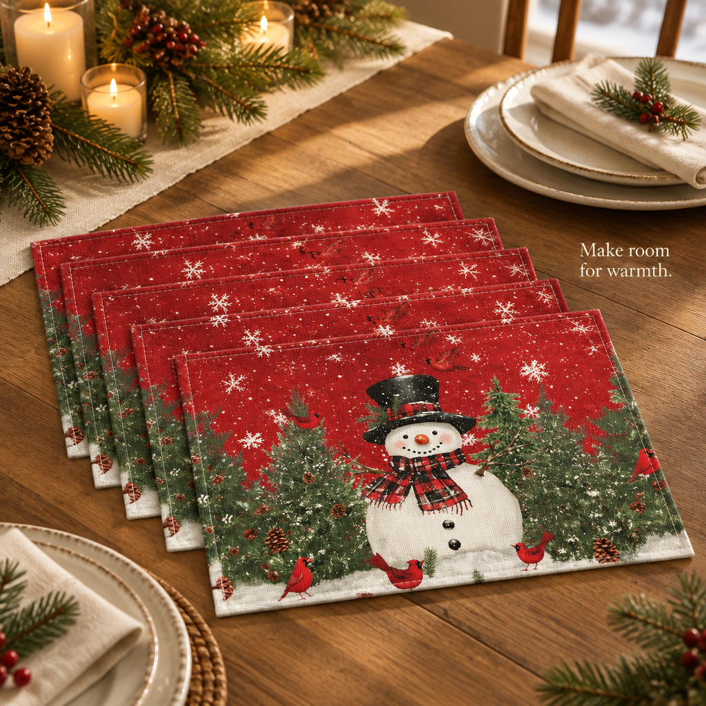 Snowman & Cardinal Christmas Placemats – 4 Pack — in use