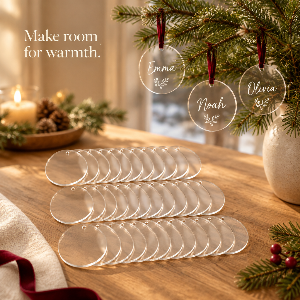 Clear Acrylic Ornament Blanks – 30 Pack, 4 Inch — in use
