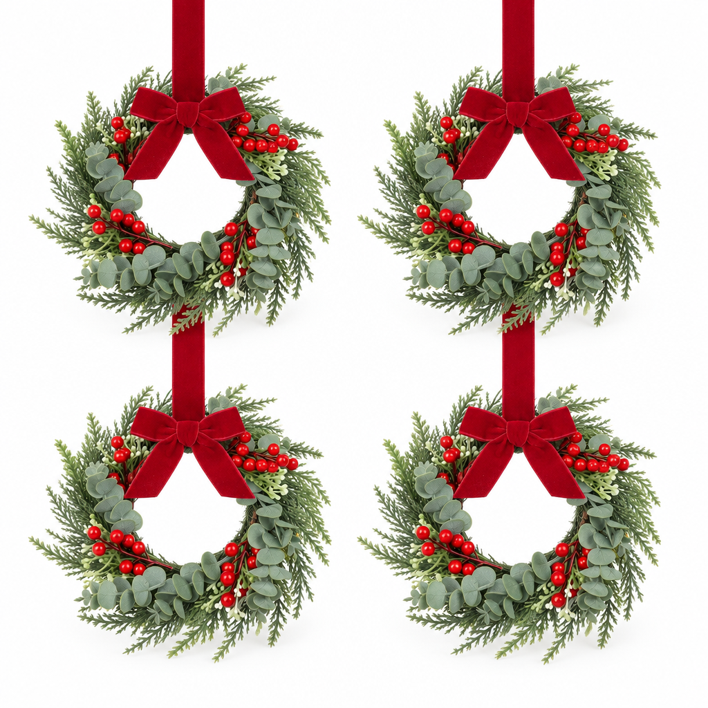Mini Cabinet Wreaths with Red Velvet Bows – 4 Pack, 8 in — product